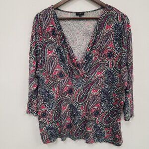 Talbots Womens Paisley V Neck Top Size 2X 3/4 Sleeve Jersey Knit Boho Mature